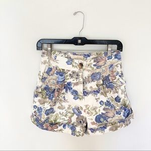 Floral Pleat High Rise Denim Shorts